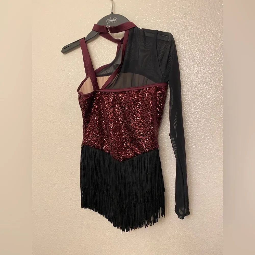 WEISSMAN Dance Costume burgundy fringe one sleeve Immortals 17042 LC-large child